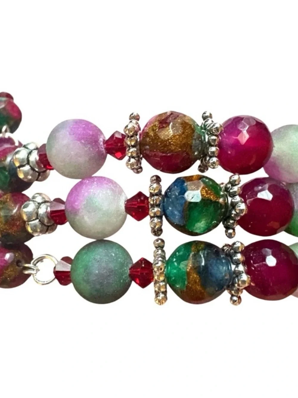 Faceted Agate, Watermelon Tourmaline and Swarovski Crystals Wrap Bracelet